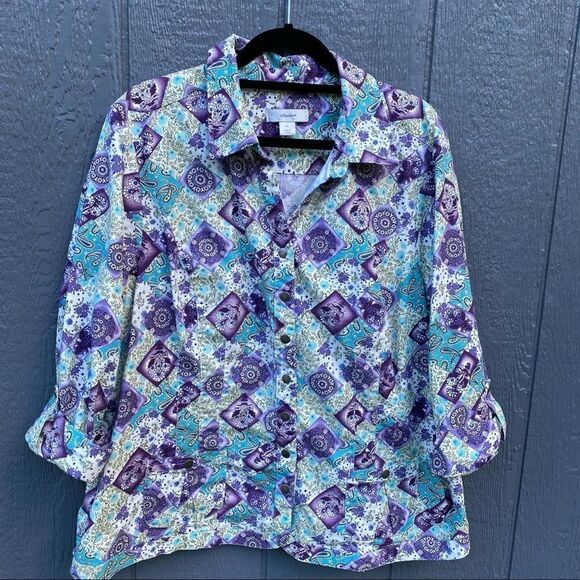 CJ Banks Purple Olive Turquoise Floral Paisley Snap Front Jacket 2X - Picture 2 of 8